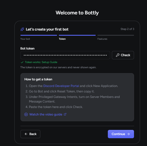 Connecting your Discord bot token in Bottly