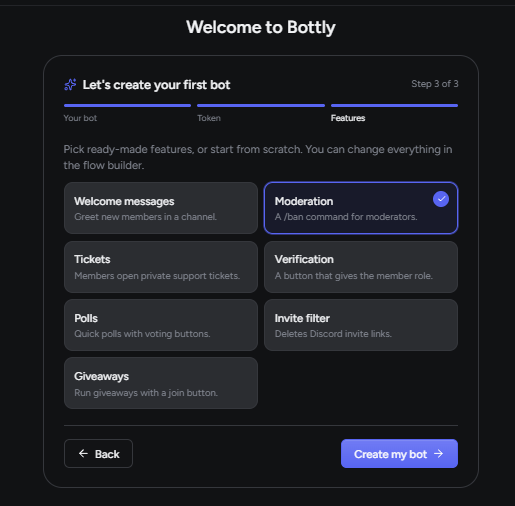 Selecting starter bot templates in Bottly